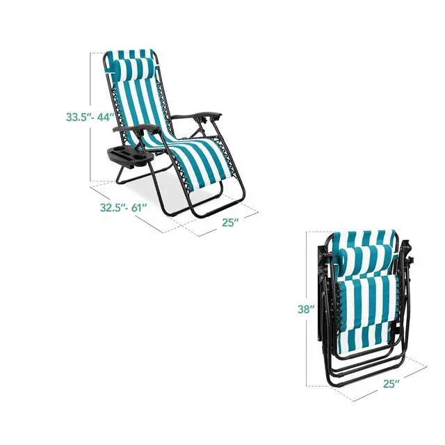 Alt view image 3 of 7 - Set of 2 Adjustable Steel Mesh Zero Gravity Lounge Chair Recliners w/Pillows and Cup Holder Trays - Peacock Striped