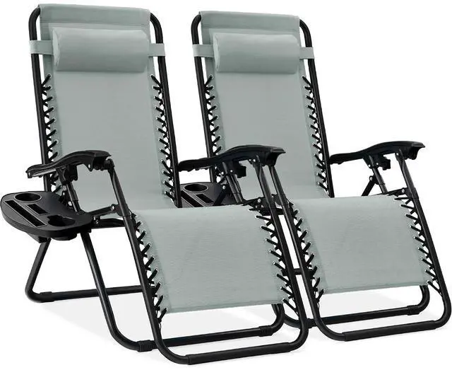 Main image of Set of 2 Adjustable Steel Mesh Zero Gravity Lounge Chair Recliners w/Pillows and Cup Holder Trays - Stardew