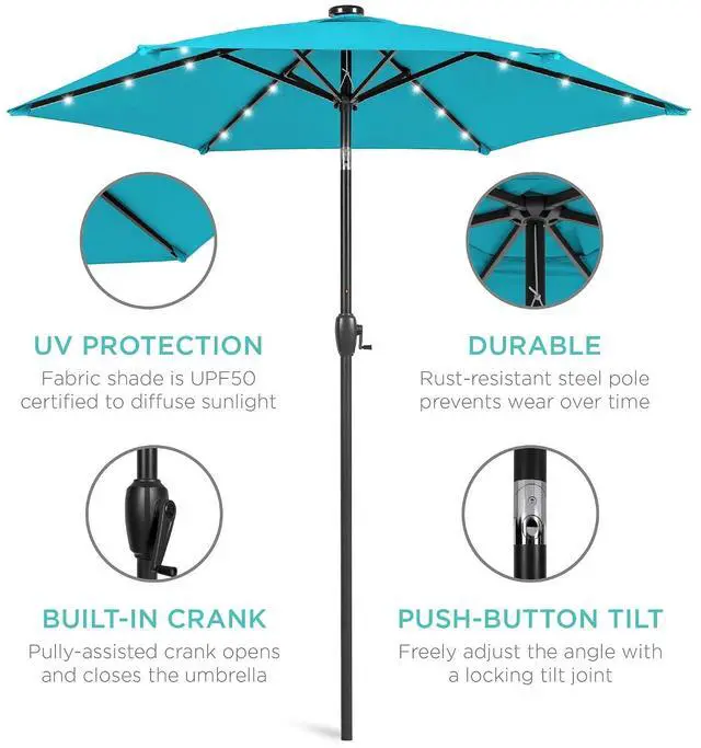 Alt view image 5 of 7 - 7.5ft Solar Umbrella LED Lighted Patio Umbrella, Table Market Umbrella with Tilt and Crank, Outdoor Umbrella for Garden, Deck, Backyard, Pool and Beach - Sky Blue