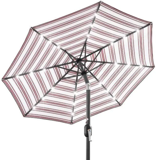 Main image of 10ft Solar Polyester LED Lighted Patio Umbrella w/Tilt Adjustment and UV-Resistant Fabric - Striped Burgundy