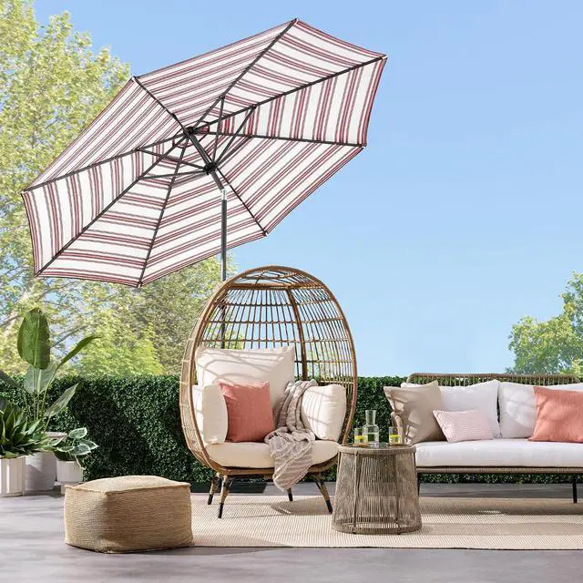 Alt view image 2 of 7 - 10ft Solar Polyester LED Lighted Patio Umbrella w/Tilt Adjustment and UV-Resistant Fabric - Striped Burgundy