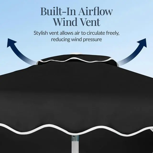 Alt view image 6 of 7 - 7.5ft Patio Market Umbrella with Wavy Trim, UV-Fade-Resistant 210g Canopy, Crank & Tilt, Wind Vent, Heavy-Duty Frame - Black