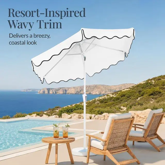 Alt view image 3 of 7 - 7.5ft Patio Market Umbrella with Wavy Trim, UV-Fade-Resistant 210g Canopy, Crank & Tilt, Wind Vent, Heavy-Duty Frame - White