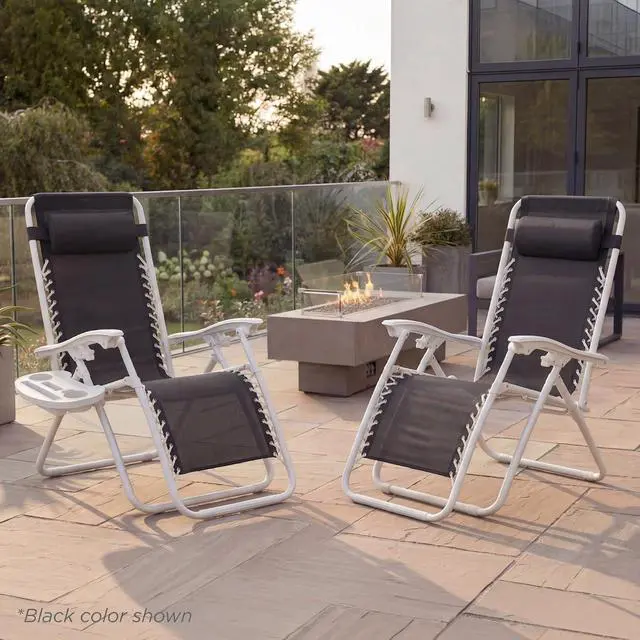 Alt view image 2 of 7 - Set of 2 Adjustable Steel Mesh Zero Gravity Lounge Chair Recliners w/Pillows and Cup Holder Trays - Marigold/White