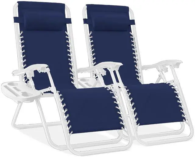 Main image of Set of 2 Adjustable Steel Mesh Zero Gravity Lounge Chair Recliners w/Pillows and Cup Holder Trays - Navy/White