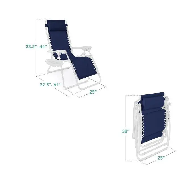 Alt view image 3 of 7 - Set of 2 Adjustable Steel Mesh Zero Gravity Lounge Chair Recliners w/Pillows and Cup Holder Trays - Navy/White