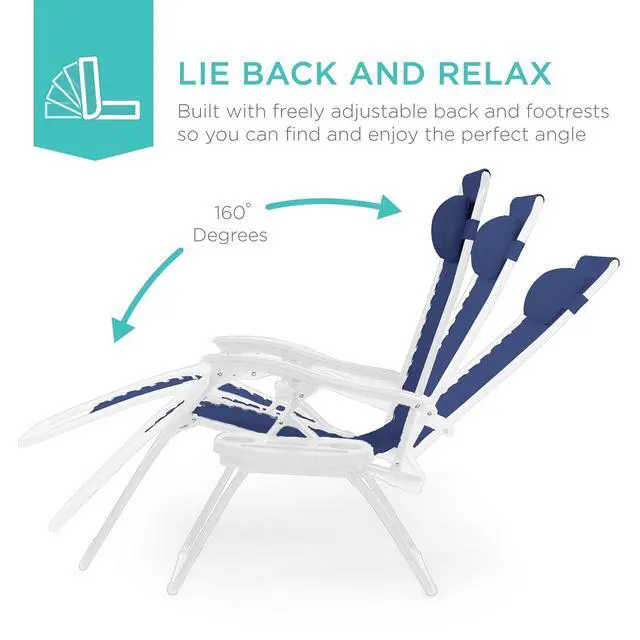 Alt view image 4 of 7 - Set of 2 Adjustable Steel Mesh Zero Gravity Lounge Chair Recliners w/Pillows and Cup Holder Trays - Navy/White