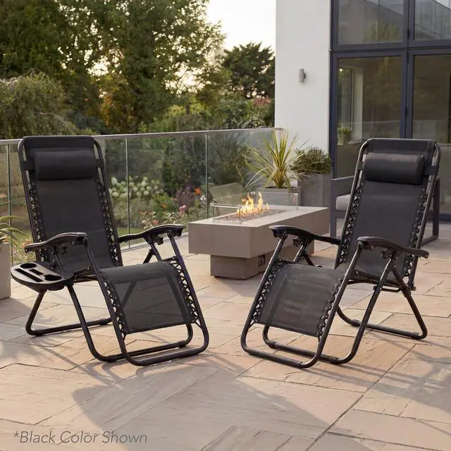 Alt view image 2 of 7 - Set of 2 Adjustable Steel Mesh Zero Gravity Lounge Chair Recliners w/Pillows and Cup Holder Trays - Burgundy