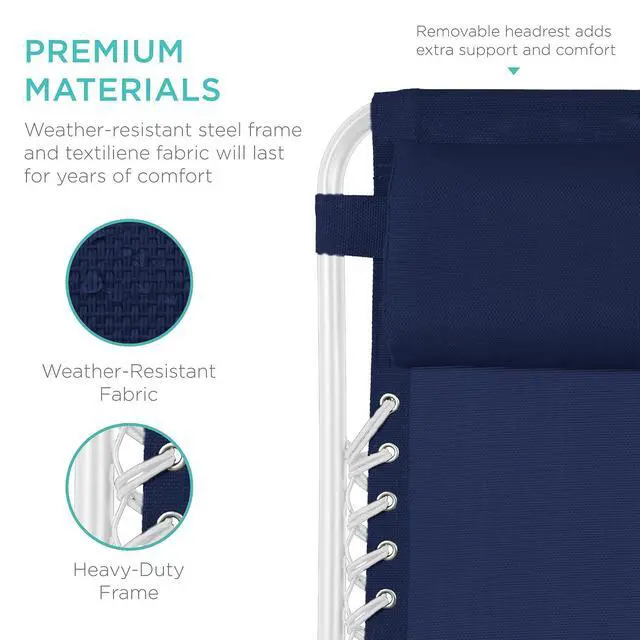 Alt view image 7 of 7 - Set of 2 Adjustable Steel Mesh Zero Gravity Lounge Chair Recliners w/Pillows and Cup Holder Trays - Navy/White