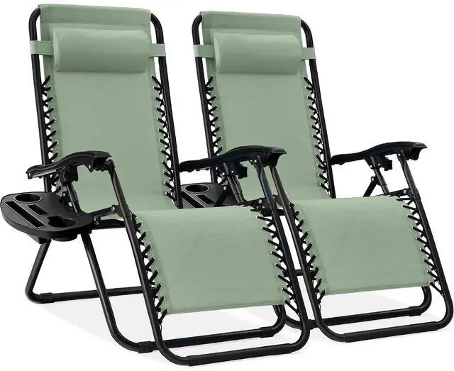 Main image of Set of 2 Adjustable Steel Mesh Zero Gravity Lounge Chair Recliners w/Pillows and Cup Holder Trays - Sage Green