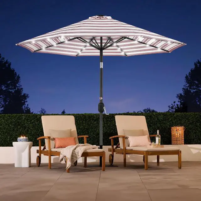 Alt view image 5 of 7 - 10ft Solar Polyester LED Lighted Patio Umbrella w/Tilt Adjustment and UV-Resistant Fabric - Striped Burgundy