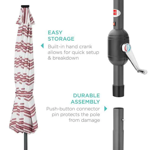 Alt view image 6 of 7 - 10ft Solar Polyester LED Lighted Patio Umbrella w/Tilt Adjustment and UV-Resistant Fabric - Striped Burgundy