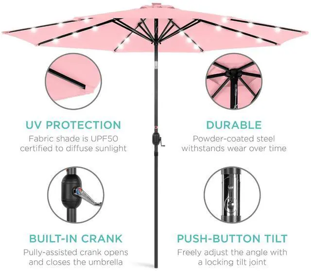 Alt view image 5 of 7 - 10ft Solar Polyester LED Lighted Patio Umbrella w/Tilt Adjustment and UV-Resistant Fabric - Carnation
