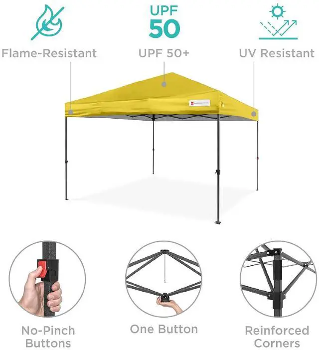 Alt view image 4 of 7 - 10x10ft Pop Up Canopy Tent, Outdoor Shade, 1 Person 1 Minute Set Up, Carry Case, 4 Weight Bags - Yellow