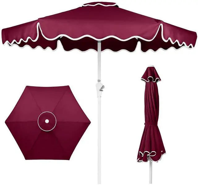 Main image of 7.5ft Patio Market Umbrella with Wavy Trim, UV-Fade-Resistant 210g Canopy, Crank & Tilt, Wind Vent, Heavy-Duty Frame - Burgundy