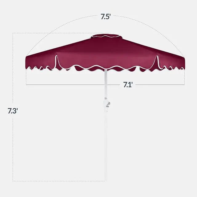 Alt view image 2 of 7 - 7.5ft Patio Market Umbrella with Wavy Trim, UV-Fade-Resistant 210g Canopy, Crank & Tilt, Wind Vent, Heavy-Duty Frame - Burgundy