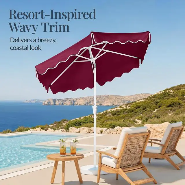 Alt view image 3 of 7 - 7.5ft Patio Market Umbrella with Wavy Trim, UV-Fade-Resistant 210g Canopy, Crank & Tilt, Wind Vent, Heavy-Duty Frame - Burgundy