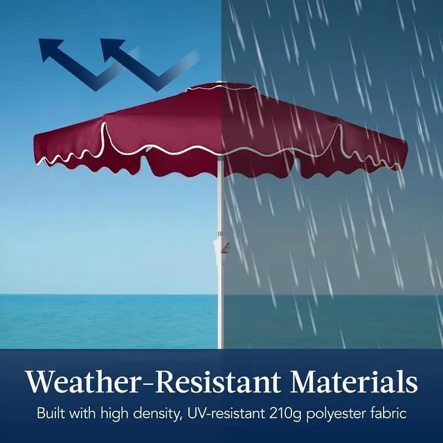 Alt view image 4 of 7 - 7.5ft Patio Market Umbrella with Wavy Trim, UV-Fade-Resistant 210g Canopy, Crank & Tilt, Wind Vent, Heavy-Duty Frame - Burgundy