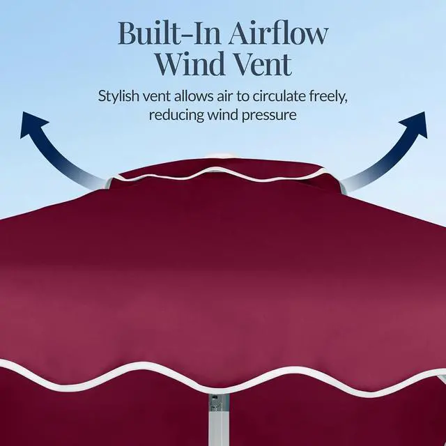 Alt view image 6 of 7 - 7.5ft Patio Market Umbrella with Wavy Trim, UV-Fade-Resistant 210g Canopy, Crank & Tilt, Wind Vent, Heavy-Duty Frame - Burgundy