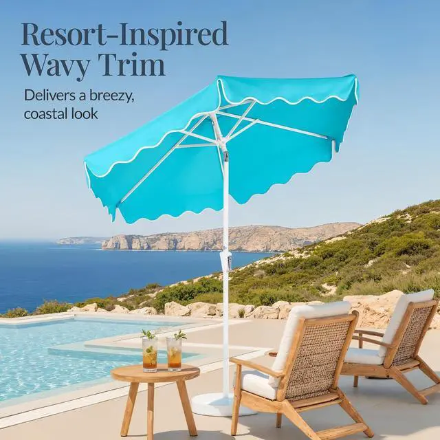 Alt view image 3 of 7 - 7.5ft Patio Market Umbrella with Wavy Trim, UV-Fade-Resistant 210g Canopy, Crank & Tilt, Wind Vent, Heavy-Duty Frame - Sky Blue