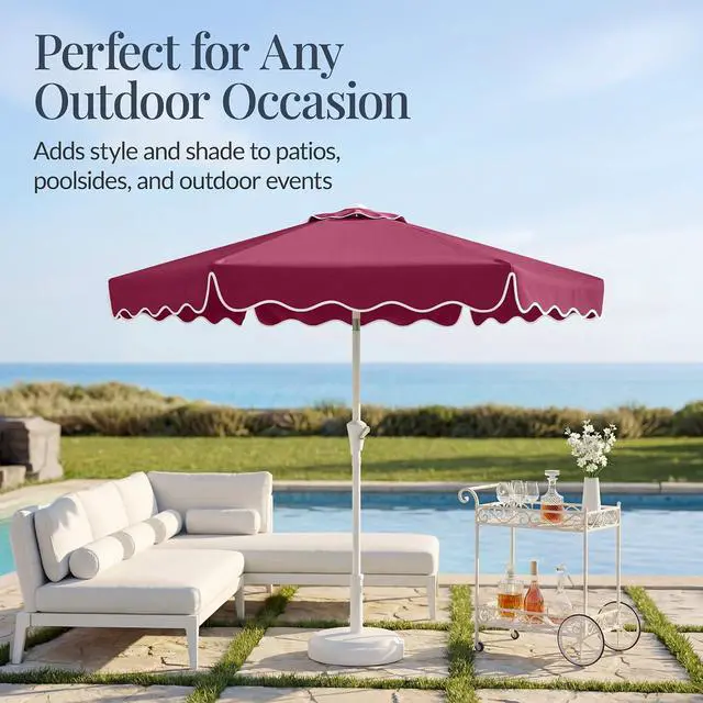 Alt view image 5 of 7 - 7.5ft Patio Market Umbrella with Wavy Trim, UV-Fade-Resistant 210g Canopy, Crank & Tilt, Wind Vent, Heavy-Duty Frame - Burgundy