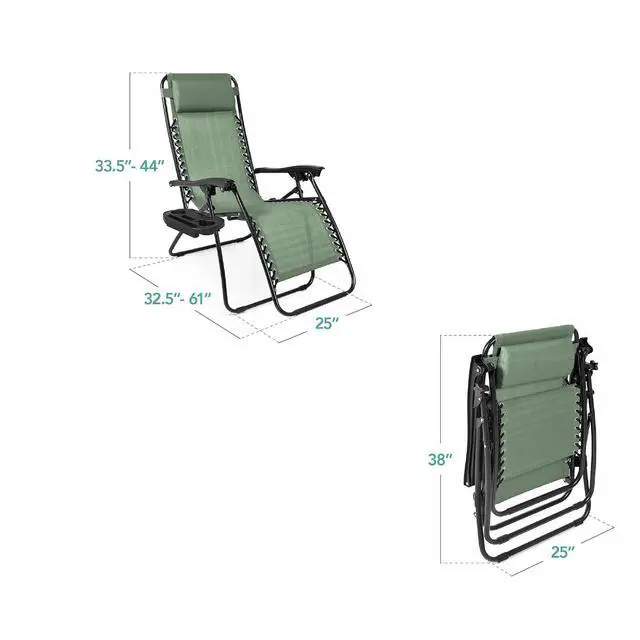 Alt view image 3 of 7 - Set of 2 Adjustable Steel Mesh Zero Gravity Lounge Chair Recliners w/Pillows and Cup Holder Trays - Sage Green