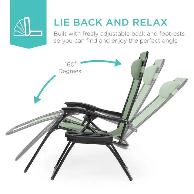 Alt view image 4 of 7 - Set of 2 Adjustable Steel Mesh Zero Gravity Lounge Chair Recliners w/Pillows and Cup Holder Trays - Sage Green