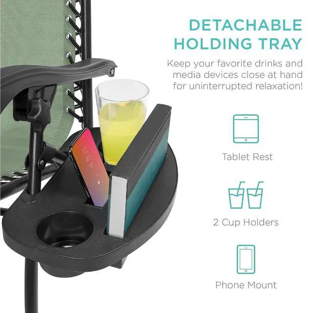 Alt view image 6 of 7 - Set of 2 Adjustable Steel Mesh Zero Gravity Lounge Chair Recliners w/Pillows and Cup Holder Trays - Sage Green