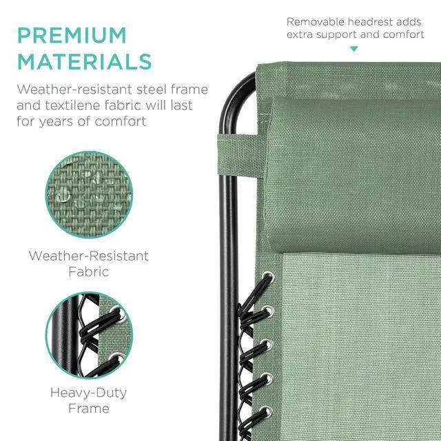 Alt view image 7 of 7 - Set of 2 Adjustable Steel Mesh Zero Gravity Lounge Chair Recliners w/Pillows and Cup Holder Trays - Sage Green