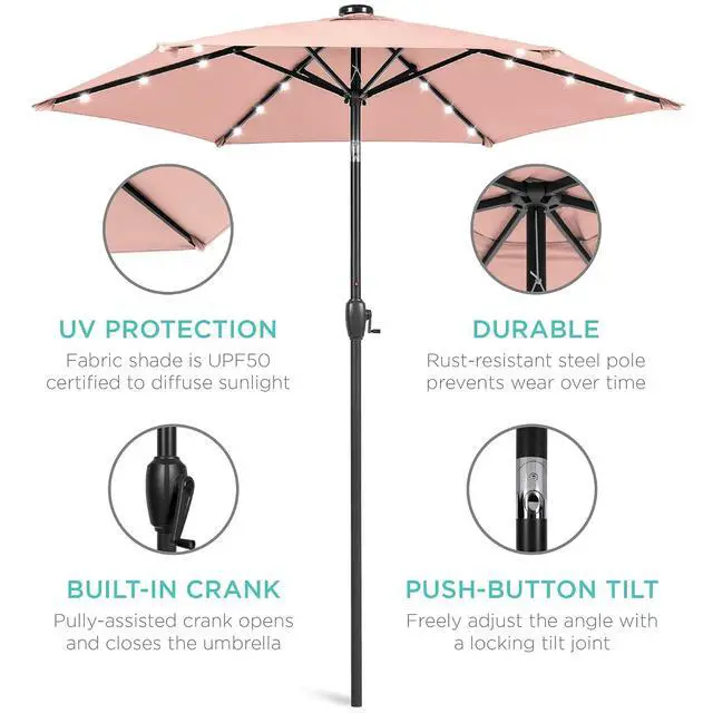 Alt view image 5 of 7 - 7.5ft Solar Umbrella LED Lighted Patio Umbrella, Table Market Umbrella with Tilt and Crank, Outdoor Umbrella for Garden, Deck, Backyard, Pool and Beach - Rose Quartz