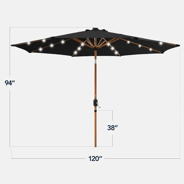 Alt view image 2 of 7 - 10ft Solar Market Patio Umbrella w/Woodgrain Pattern Pole, LED Lights, Tilt & Crank - Outdoor Sun Shade for Backyard Table, Deck, Poolside - Black