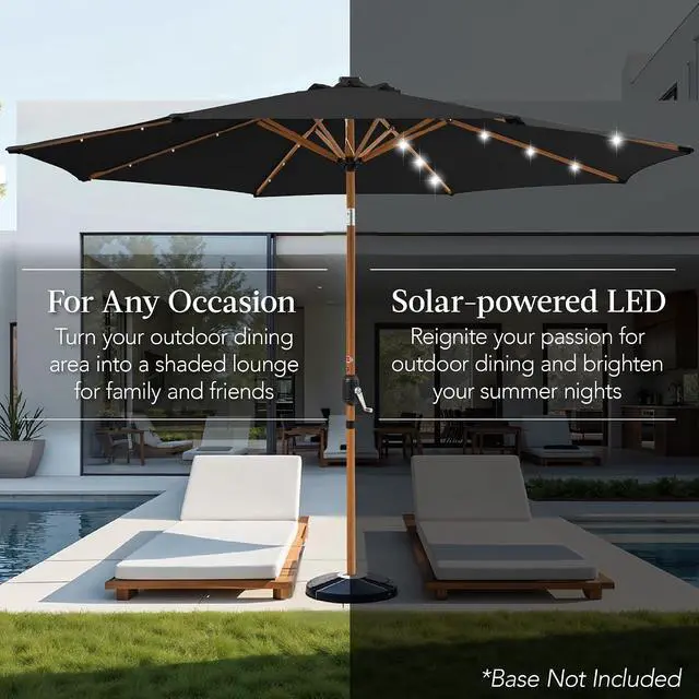 Alt view image 4 of 7 - 10ft Solar Market Patio Umbrella w/Woodgrain Pattern Pole, LED Lights, Tilt & Crank - Outdoor Sun Shade for Backyard Table, Deck, Poolside - Black