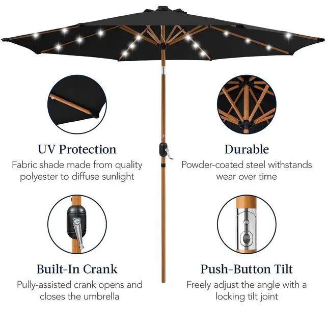 Alt view image 6 of 7 - 10ft Solar Market Patio Umbrella w/Woodgrain Pattern Pole, LED Lights, Tilt & Crank - Outdoor Sun Shade for Backyard Table, Deck, Poolside - Black