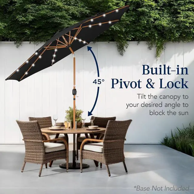 Alt view image 5 of 7 - 10ft Solar Market Patio Umbrella w/Woodgrain Pattern Pole, LED Lights, Tilt & Crank - Outdoor Sun Shade for Backyard Table, Deck, Poolside - Black