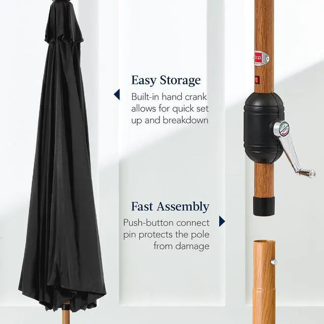 Alt view image 7 of 7 - 10ft Solar Market Patio Umbrella w/Woodgrain Pattern Pole, LED Lights, Tilt & Crank - Outdoor Sun Shade for Backyard Table, Deck, Poolside - Black