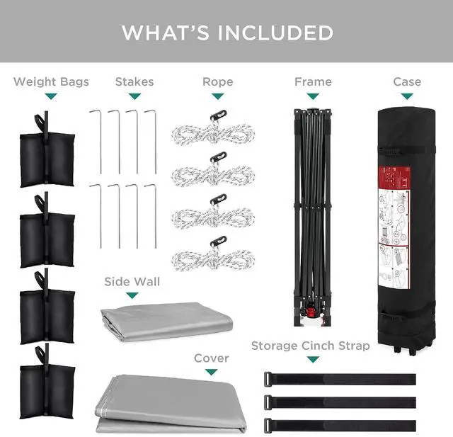 Alt view image 7 of 7 - 10x10ft Pop Up Canopy Tent with Sidewall, 1 Person 1 Minute Set Up, Carry Case, 4 Weight Bags - Silver