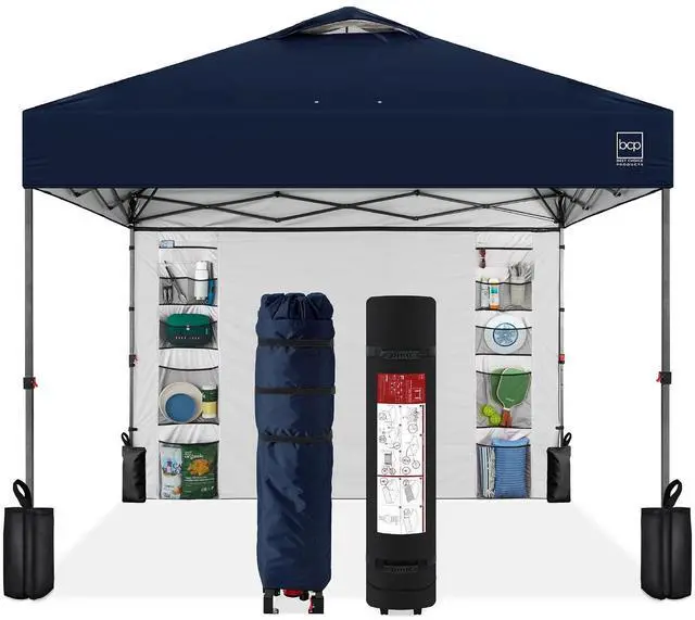 Main image of 10x10ft Pop Up Canopy Tent with Sidewall, 1 Person 1 Minute Set Up, Carry Case, 4 Weight Bags - Navy Blue