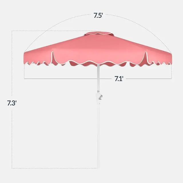 Alt view image 2 of 7 - 7.5ft Patio Market Umbrella with Wavy Trim, UV-Fade-Resistant 210g Canopy, Crank & Tilt, Wind Vent, Heavy-Duty Frame - Flamingo Pink