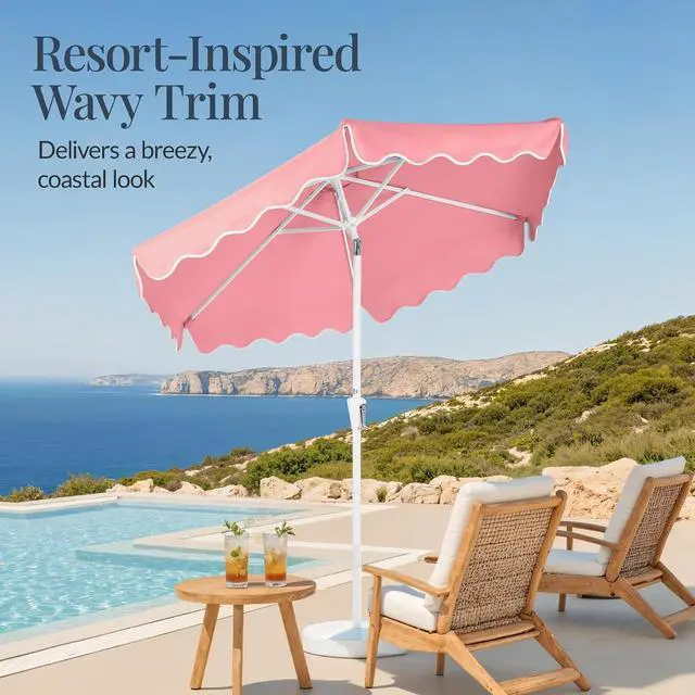 Alt view image 3 of 7 - 7.5ft Patio Market Umbrella with Wavy Trim, UV-Fade-Resistant 210g Canopy, Crank & Tilt, Wind Vent, Heavy-Duty Frame - Flamingo Pink