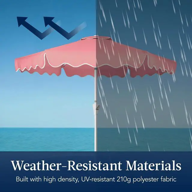 Alt view image 4 of 7 - 7.5ft Patio Market Umbrella with Wavy Trim, UV-Fade-Resistant 210g Canopy, Crank & Tilt, Wind Vent, Heavy-Duty Frame - Flamingo Pink