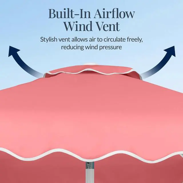 Alt view image 6 of 7 - 7.5ft Patio Market Umbrella with Wavy Trim, UV-Fade-Resistant 210g Canopy, Crank & Tilt, Wind Vent, Heavy-Duty Frame - Flamingo Pink