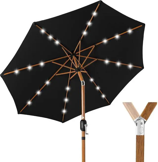 Main image of 10ft Solar Market Patio Umbrella w/Woodgrain Pattern Pole, LED Lights, Tilt & Crank - Outdoor Sun Shade for Backyard Table, Deck, Poolside - Black