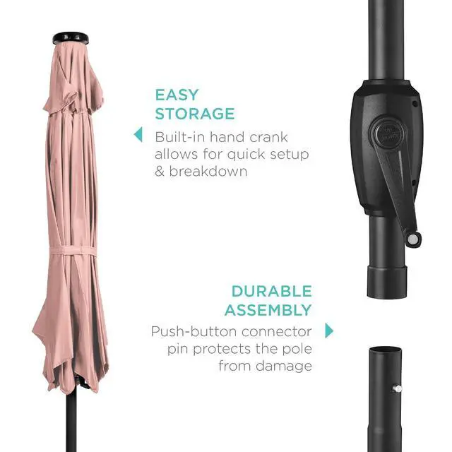 Alt view image 6 of 7 - 7.5ft Solar Umbrella LED Lighted Patio Umbrella, Table Market Umbrella with Tilt and Crank, Outdoor Umbrella for Garden, Deck, Backyard, Pool and Beach - Rose Quartz