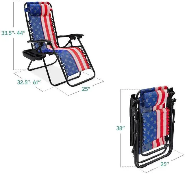 Alt view image 3 of 7 - Set of 2 Adjustable Steel Mesh Zero Gravity Lounge Chair Recliners w/Pillows and Cup Holder Trays - American Flag