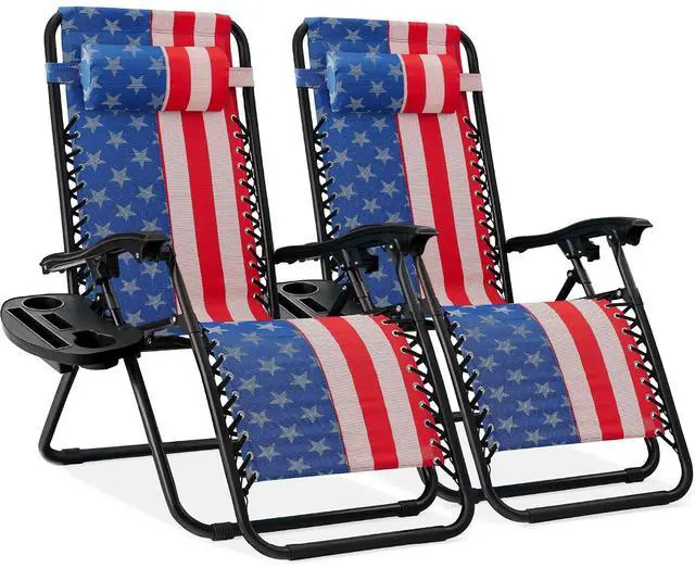 Main image of Set of 2 Adjustable Steel Mesh Zero Gravity Lounge Chair Recliners w/Pillows and Cup Holder Trays - American Flag