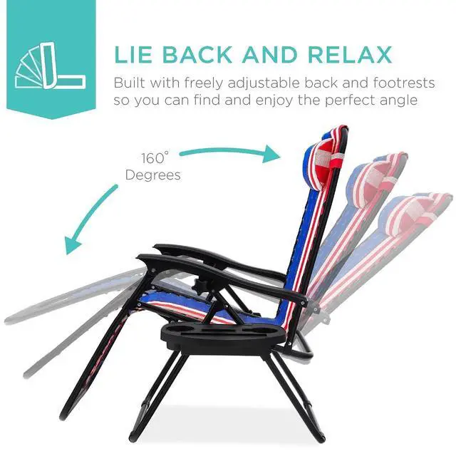Alt view image 4 of 7 - Set of 2 Adjustable Steel Mesh Zero Gravity Lounge Chair Recliners w/Pillows and Cup Holder Trays - American Flag