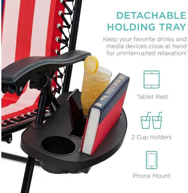 Alt view image 6 of 7 - Set of 2 Adjustable Steel Mesh Zero Gravity Lounge Chair Recliners w/Pillows and Cup Holder Trays - American Flag