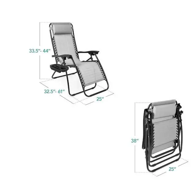 Alt view image 3 of 7 - Set of 2 Adjustable Steel Mesh Zero Gravity Lounge Chair Recliners w/Pillows and Cup Holder Trays - Ice Gray