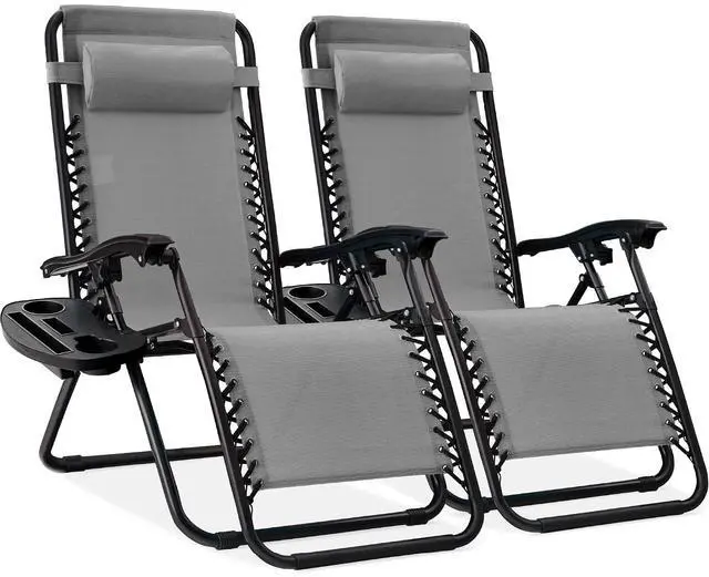 Main image of Set of 2 Adjustable Steel Mesh Zero Gravity Lounge Chair Recliners w/Pillows and Cup Holder Trays - Ice Gray
