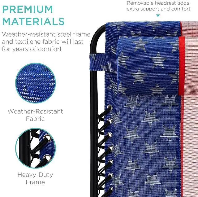 Alt view image 7 of 7 - Set of 2 Adjustable Steel Mesh Zero Gravity Lounge Chair Recliners w/Pillows and Cup Holder Trays - American Flag